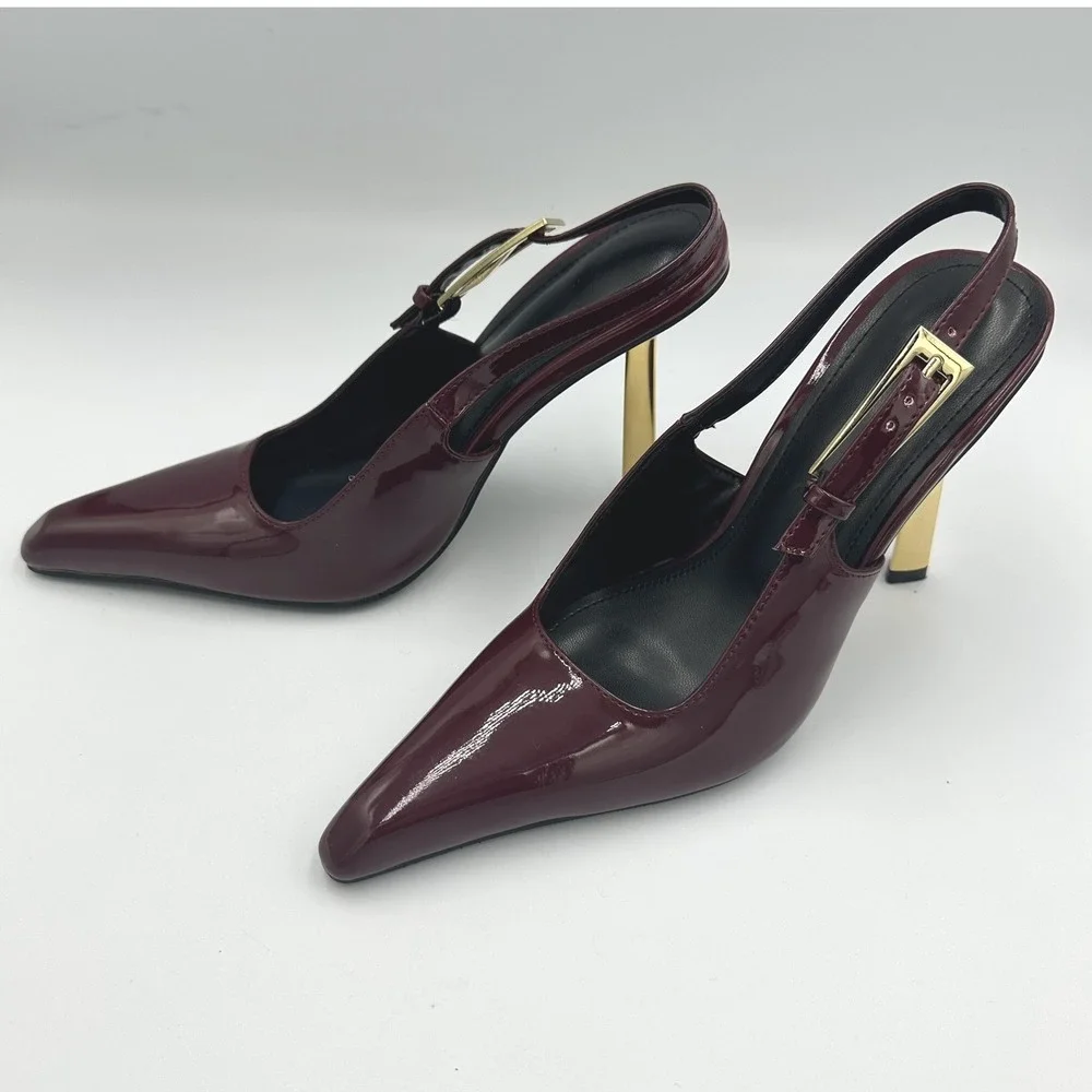Burgundy Patent Pointed Toe Slingback Pumps 4in Gold Architectural Heel EU36 US6